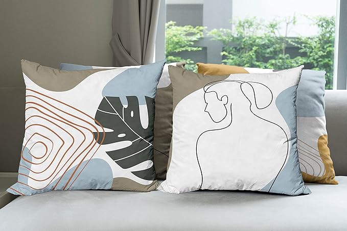 Ambesonne Minimal Throw Pillow Cushion Case Pack of 4, Modern Line Art Woman Portrait with Contemporary Leafy Geometric Details, Modern Accent Double-Sided Digital Printing, 16", Baby Blue Taupe Amber