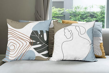 Ambesonne Minimal Throw Pillow Cushion Case Pack of 4, Modern Line Art Woman Portrait with Contemporary Leafy Geometric Details, Modern Accent Double-Sided Digital Printing, 16", Baby Blue Taupe Amber