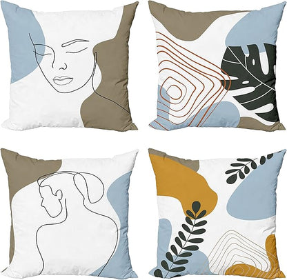 Ambesonne Minimal Throw Pillow Cushion Case Pack of 4, Modern Line Art Woman Portrait with Contemporary Leafy Geometric Details, Modern Accent Double-Sided Digital Printing, 18", Baby Blue Taupe Amber