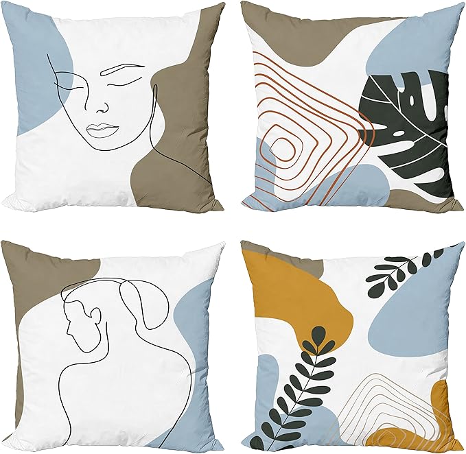 Ambesonne Minimal Throw Pillow Cushion Case Pack of 4, Modern Line Art Woman Portrait with Contemporary Leafy Geometric Details, Modern Accent Double-Sided Digital Printing, 16", Baby Blue Taupe Amber