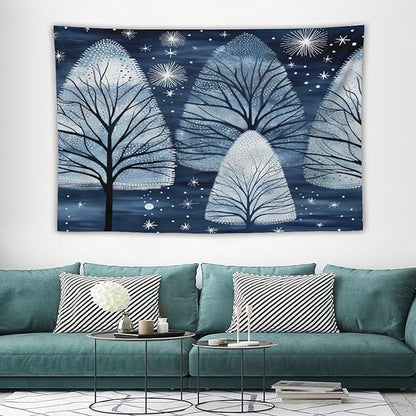 Trendy Blue Silver Glitter Tree Christmas Tapestries Happy Winter Holiday Aesthetic Bedroom Tapestries Landscape Tapestry Bedroom Wall Decor Living Room 60"x90" Tapestries Winter Snowflake Decorative
