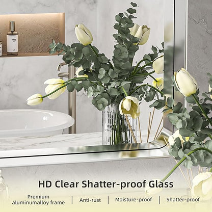 Hasipu Brushed Silver Bathroom Mirror 59x39 Inch Rounded Rectangle Vanity Mirror Metal Framed Wall Mirrors Anti-Rust Surface Mount (Horizontal/Vertical)