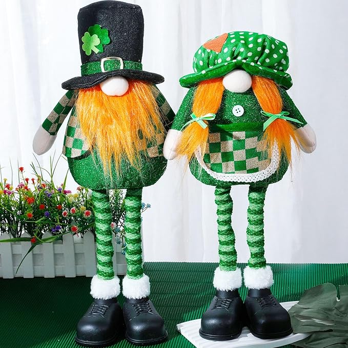 Standing St.Patrick's Day Gnome Plush Doll with Retractable Legs Nordic Scandinavian Swedish Dwarf Gnome Figurines Wearing Glitter Clothes & Black Boots Lucky Green Shamrock Irish Table Decor (A)