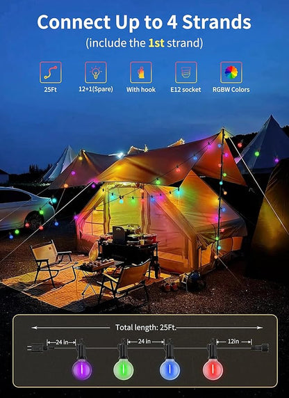 Brightown RGBW Outdoor String Lights, 25FT LED Patio Lights with Remote and Timer, Commercial Grade Waterproof Hanging Lights with 13 Shatterproof Bulbs(1 Spare) for Backyard Porch Garden Party Decor