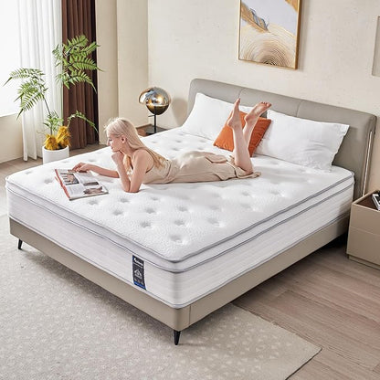Queen Mattress, 14 Inch Hybrid Mattress in a Box, Memory Foam and Individual Pocket Springs, Fiberglass Free, Soft and Breathable, Medium Firm Feel