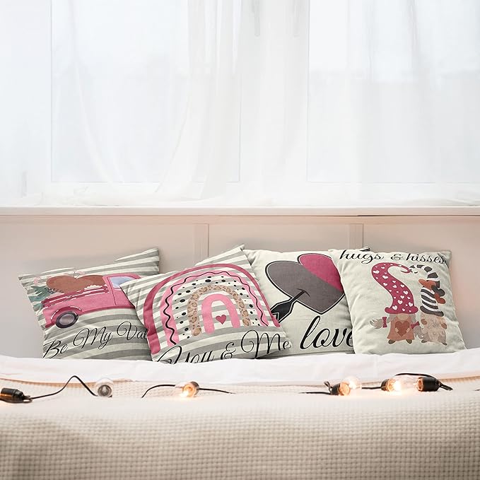 Ambesonne Romantic Throw Pillow Cushion Case Pack of 4, Love Hearts Arrow You and Me Be My Valentine Hugs Kisses Lettering Print, Modern Accent Double-Sided Digital Printing, 24", Ivory Taupe and Pink