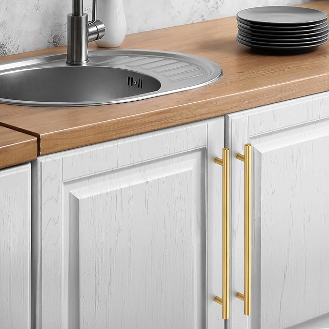 JOY DECOR 15 Pack Cabinet Handles, Gold Cabinet Pulls, 10 in Hole Center Kitchen Cabinet Handles, Stainless Steel T Bar Handles for Dresser Drawers
