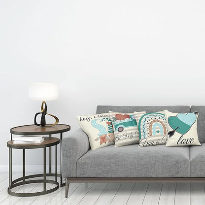 Ambesonne Romantic Throw Pillow Cushion Case Pack of 4, Love Hearts Arrow You and Me Be My Valentine Hugs Kisses Lettering, Modern Accent Double-Sided Digital Printing, 16", Teal Ivory Pale Eggshell