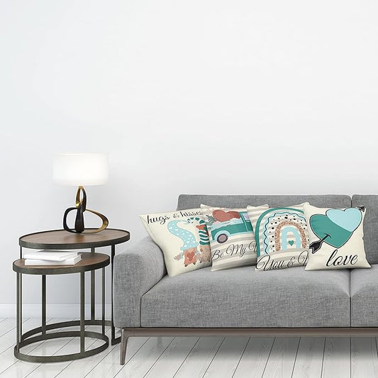 Ambesonne Romantic Throw Pillow Cushion Case Pack of 4, Love Hearts Arrow You and Me Be My Valentine Hugs Kisses Lettering, Modern Accent Double-Sided Digital Printing, 16", Teal Ivory Pale Eggshell
