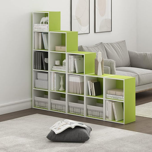 Furinno PASIR Book Shelf, 5-Tier Modern Bookshelf, Open Shelves Bookcase 9" x 12" x 52", for Living Room, Bedroom, Home Office, Green/White