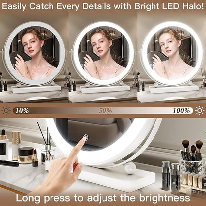 13 Inch Vanity Mirror with Lights, Round Make Up Mirror with Lighting, LED Mirror Makeup Mirror with Lights for Bedroom Tabletop, Smart Touch Control, 360° Rotation (White)