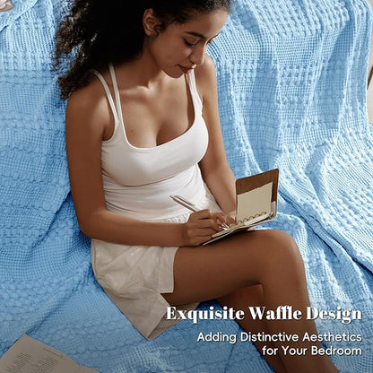 PHF 100% Cotton Waffle Weave Blanket Queen Size for Bed, Soft Lightweight & Breathable, All-Season Comfort, Luxury Aesthetic Woven Bedding for Home Decor, 90"x90", Sky Blue