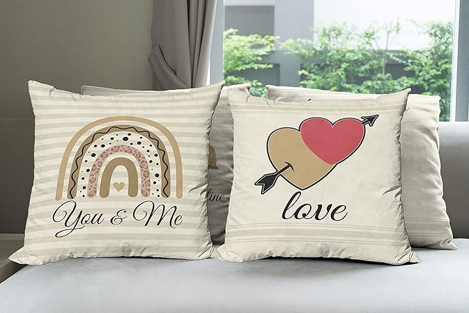 Ambesonne Romantic Throw Pillow Cushion Case Pack of 4, Love Hearts Arrow You and Me Be My Valentine Hugs Kisses Lettering, Modern Accent Double-Sided Digital Printing, 16", Ivory Camel and Dark Pink