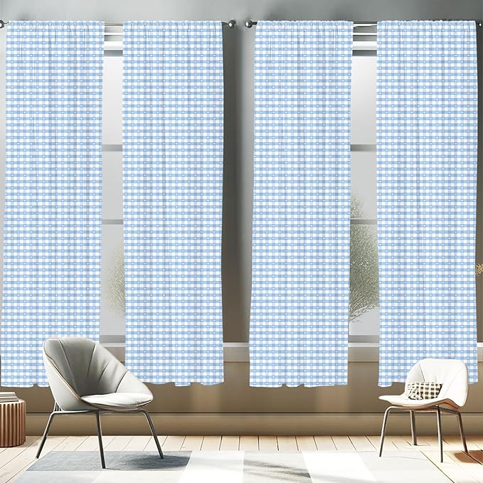 Ambesonne Checkered Window Curtains Pack of 2, Gingham Motif with Little Hearts Pastel Blue Shower Theme, Lightweight Set with Rod Pocket, 4 Panels of - 28" x 95", Blue