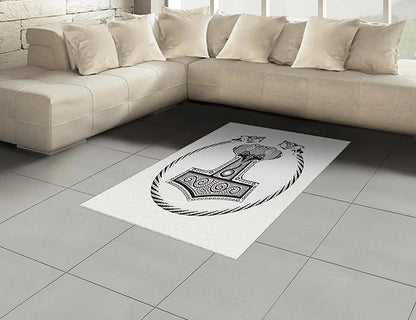 Lunarable Mjolnir Area Rug, Thor's Hammer with Scandinavian Folk Nordic Ornamental Art, Flat Woven Accent Rug for Living Room Bedroom Dining Room, 4' X 5' 7", Charcoal Grey White