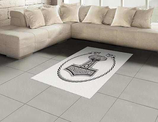Lunarable Mjolnir Area Rug, Thor's Hammer with Scandinavian Folk Nordic Ornamental Art, Flat Woven Accent Rug for Living Room Bedroom Dining Room, 4' X 5' 7", Charcoal Grey White