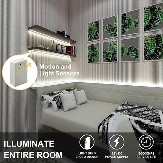 Battery Powered LED Strip Lights, COB Motion Sensor LED Strip Lights 20 inch x 3 Pack for Kitchen Under Cabinet Lighting, Shelves, Under Counter, Closet, Cordless Click Light, Cool White 6000K