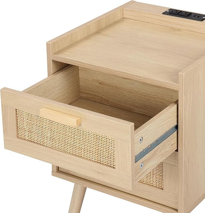 Finnhomy Nightstand with Charging Station, Bedside Table with 2 Hand Made Rattan Decorated Drawers, Night Stand with Storage for Bedroom, Natural, Set of 2