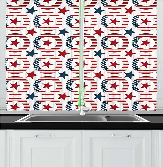 Lunarable Americana Kitchen Curtains, Patriotic Themed Art Design USA Flag Rounds and Stars, Window Drapes 2 Panel Set for Kitchen Cafe Decor, 55" x 24", Vermilion Dark Turquoise