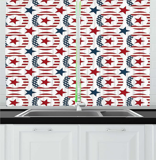 Lunarable Americana Kitchen Curtains, Patriotic Themed Art Design USA Flag Rounds and Stars, Window Drapes 2 Panel Set for Kitchen Cafe Decor, 55" x 30", Vermilion Dark Turquoise