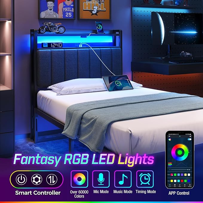 Rolanstar Headboard for Twin Size Bed with Storage, 60,000 DIY Color of LED Light, Head Board with USB & Type C Port, Height Adjustable, Black Upholstered Cabeceras de Cama Comfortable Modern, Linen
