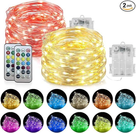 Homemory 2 Pack Color Changing Fairy Lights Battery Operated, 20Ft 60LEDs RGB Fairy String Twinkle Lights with Remote, Waterproof Silver Wire for Halloween Decor-13 Colors