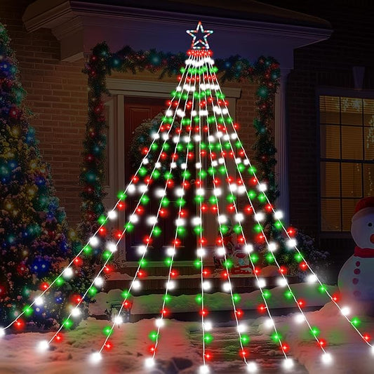 FUNIAO Outdoor Christmas Decorations Star Lights, 320 LED Hanging Twinkle Fairy String Lights Outside Tree Decoration Lights for Christmas, Yard, Garden, New Year (Plastic Star-Red White Green)