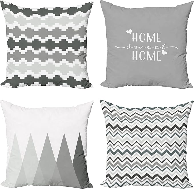Ambesonne Modern Throw Pillow Cushion Case Pack of 4, Geometric Style Pattern of Triangles Zigzags Love Home Phrase Print, Modern Accent Double-Sided Digital Printing, 18", Pale Grey White and Dimgray