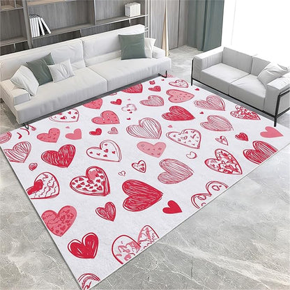Area Rugs for Living Room 5x8 ft Cartoon Hand-Painted Red Love Washable Area Rug, Non Slip Floor Carpet, Ultra Soft Low Pile Rugs, for Bedroom, Dining Room, Office, Home Decor Rug