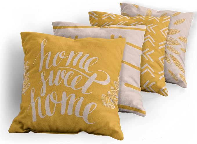 Ambesonne Modern Throw Pillow Cushion Case Pack of 4, Scandinavian Minimal Ornaments Boho Feather Leaves and Home Phrase, Modern Accent Double-Sided Digital Printing, 20", Pale Tan and Earth Yellow