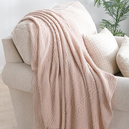BOURINA Pink Throw Blanket 50 x90 Inches Throw Textured Solid Soft Sofa Throw Bed Runner Couch Cover Knitted Decorative Blanket Bed Runner