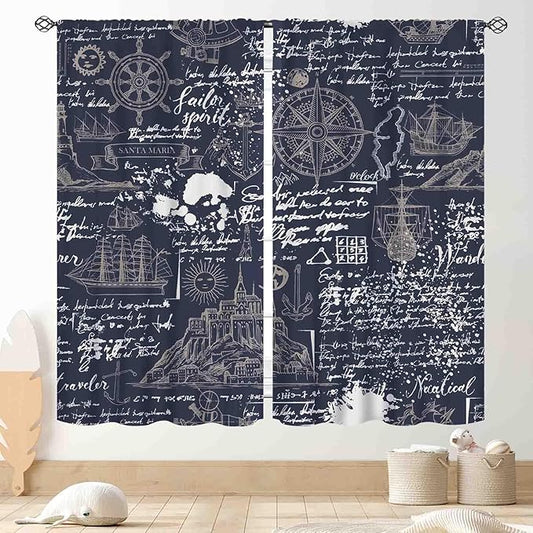 Vintage Nautical Curtains, Marine Coastal Sailboat Compass Anchor Ocean Beach Old Pirate Map Navy Blue Blackout Retro Drapes for Bedroom Living Room Kitchen Bathroom Window 2 Panels, 63"x63" Inch