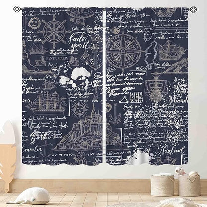 Vintage Nautical Curtains, Marine Coastal Sailboat Compass Anchor Ocean Beach Old Pirate Map Navy Blue Blackout Retro Drapes for Bedroom Living Room Kitchen Bathroom Window 2 Panels, 42"x45" Inch