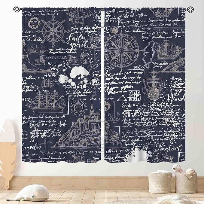 Vintage Nautical Curtains, Marine Coastal Sailboat Compass Anchor Ocean Beach Old Pirate Map Navy Blue Blackout Retro Drapes for Bedroom Living Room Kitchen Bathroom Window 2 Panels, 84"x63" Inch