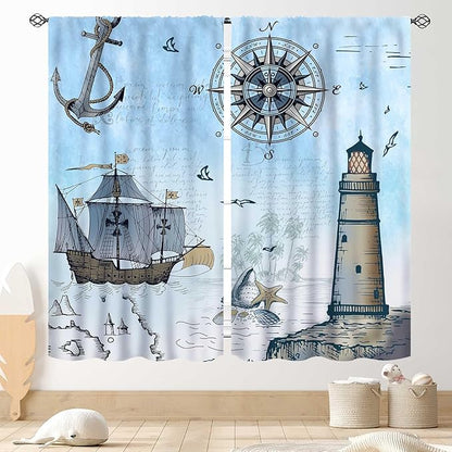 Nautical Curtains, Vintage Marine Coastal Sailboat Compass Anchor Ocean Beach Lighthouse Watercolor Blue Decorative Drapes for Bedroom Living Room Kitchen Bathroom Window 2 Panels Set, 42"x63" Inch