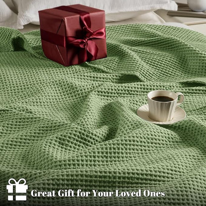PHF 100% Cotton Waffle Weave Blanket Twin Size for Bed,Snag Proof Lightweight Breathable Moisture-Wicking for Couch,Great for Layering in Cold Weather,Machine Washable,Home Decor Gift-Loden Green