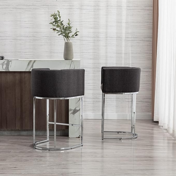 Modern Counter Height Linen Upholstered Bar Stools Set of 3, 29" Kitchen Counter Island Stools Bar Chairs with Chrome Finish Metal Frame for Kitchen Island, Charcoal
