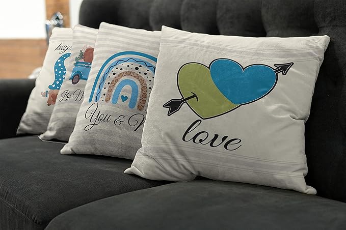 Ambesonne Romantic Throw Pillow Cushion Case Pack of 4, Love Hearts Arrow You and Me Be My Valentine Hugs Kisses Lettering, Modern Accent Double-Sided Digital Printing, 20", Ivory Blue and Olive Green