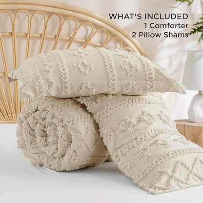Bedsure Tufted Boho Comforter Set Queen Size - Beige Boho Bed Set, GentleSoft™ 3 Pieces Farmhouse Shabby Chic Embroidery Bedding, Gifts for Woman, Soft Jacquard Queen Comforter for All Seasons