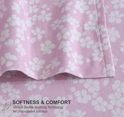 RUVANTI Flannel Sheets Queen Size - 100% Cotton Double Brushed Bed Sheets, Deep Pockets 16 Inches Queen Sheet Set, All Seasons Breathable & Extra Soft - Warm & Cozy, 4 Piece, Pink Flora