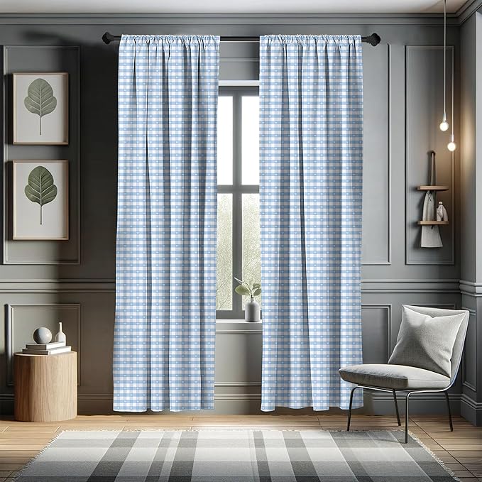 Ambesonne Checkered Curtains, Gingham Motif with Little Hearts Pastel Blue Shower Theme, Window Treatments 2 Panel Set for Living Room Bedroom, Pair of - 28" x 63", Blue