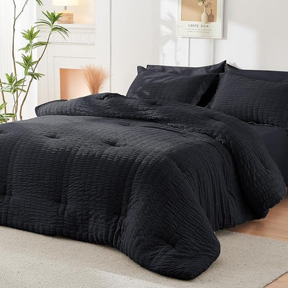 HYMOKEGE Black King Size Comforter Set Seersucker 7 Pieces, All Season Luxury Bed in a Bag for Bedroom, Bedding Set with Comforters, Sheets, Pillowcases & Shams