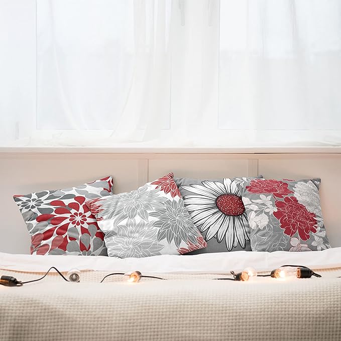 Ambesonne Floral Throw Pillow Cushion Case Pack of 4, Flower Petals Modern Color Palette Chamomile Peony Dahlia and Sunflower Print, Modern Accent Double-Sided Digital Printing, 24", Grey Dark Pink