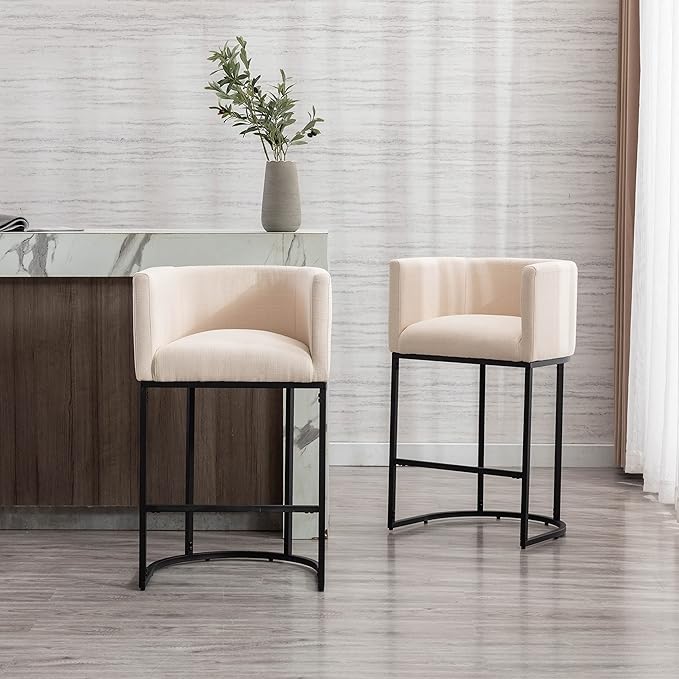 Modern Counter Height Linen Upholstered Bar Stools Set of 4, 29" Kitchen Counter Island Stools Bar Chairs with Black Metal Frame for Kitchen Island, Cream