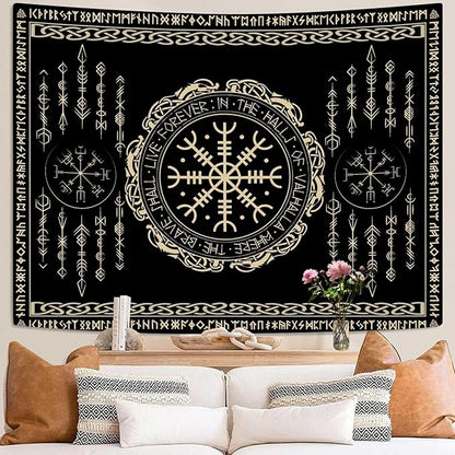 OSUNBD Nordic Vikings Tapestry Large 84x90inches Soft Flannel Vegvsir Symbol Amulet Celtic Rune Scandinavian Aesthetic Mythology Tapestry Wall Hanging for Bedroom Living Room Decor