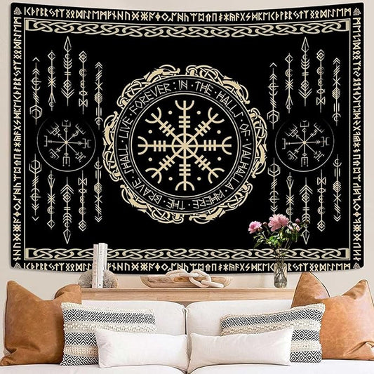 OSUNBD Nordic Vikings Tapestry Large 93x71inches Soft Flannel Vegvsir Symbol Amulet Celtic Rune Scandinavian Aesthetic Mythology Tapestry Wall Hanging for Bedroom Living Room Decor