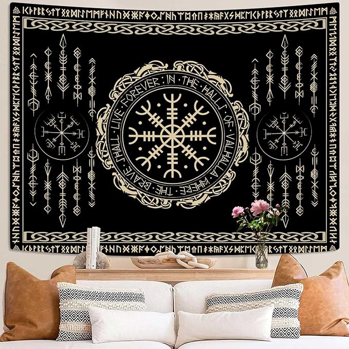 OSUNBD Nordic Vikings Tapestry Large 118x78inches Soft Flannel Vegvsir Symbol Amulet Celtic Rune Scandinavian Aesthetic Mythology Tapestry Wall Hanging for Bedroom Living Room Decor