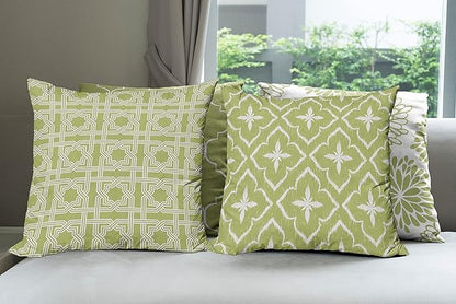 Ambesonne Vintage Throw Pillow Cushion Case Pack of 4, Monochrome Design Grid Trellis Quatrefoil Mesh and Dahlia Flowers Modern, Modern Accent Double-Sided Digital Printing, 20", Olive Green