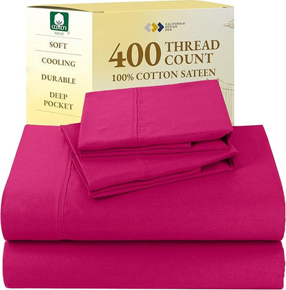 California Design Den Natural 100% Cotton Sheets Full Size Bed - 400 Thread Count Sateen, Deep Pockets with All Around Elastic, Soft, Cool and Durable Bedding - Hot Pink
