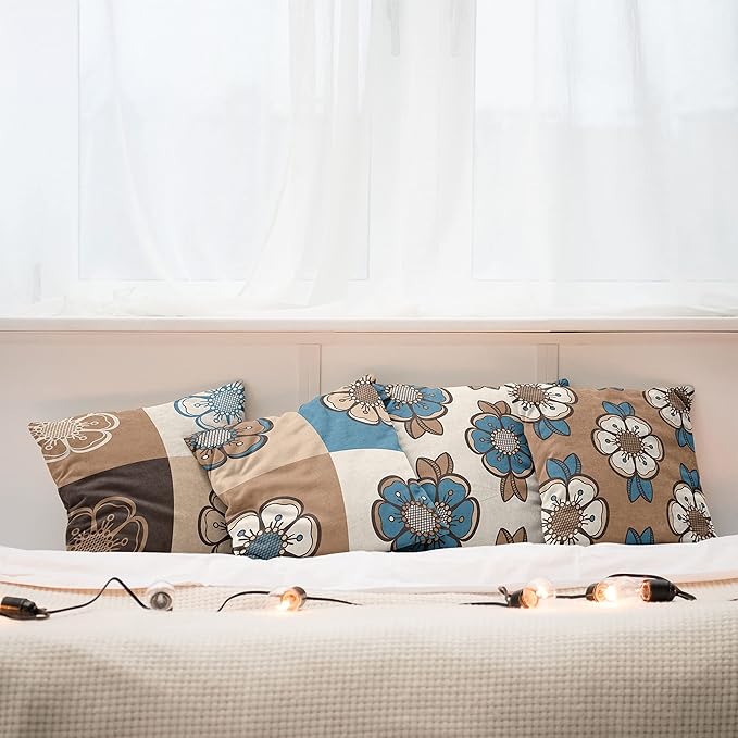 Ambesonne Retro Throw Pillow Cushion Case Pack of 4, Nostalgic Flower Petals Spring Vibes on Earthy Colors Mosaic Tile Themed, Modern Accent Double-Sided Digital Printing, 24", Sea Blue Umber and Tan